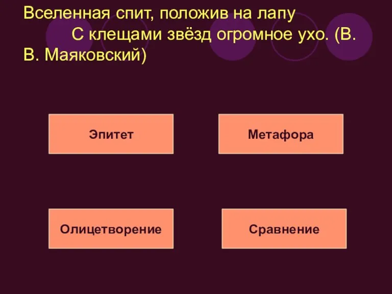 Вселенная спит, положив на лапу С клещами звёзд огромное ухо. (В.В. Маяковский) Эпитет Метафора Олицетворение Сравнение