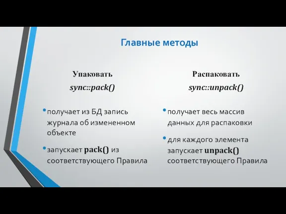 Главные методы Упаковать sync::pack() получает из БД запись журнала об измененном объекте