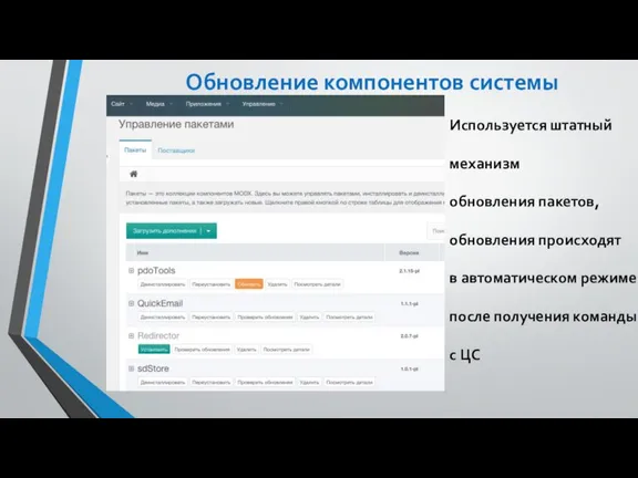 Обновление компонентов системы Используется штатный механизм обновления пакетов, обновления происходят в автоматическом