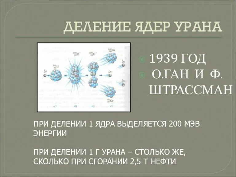 ДЕЛЕНИЕ ЯДЕР УРАНА 1939 ГОД О.ГАН И Ф. ШТРАССМАН ПРИ ДЕЛЕНИИ 1