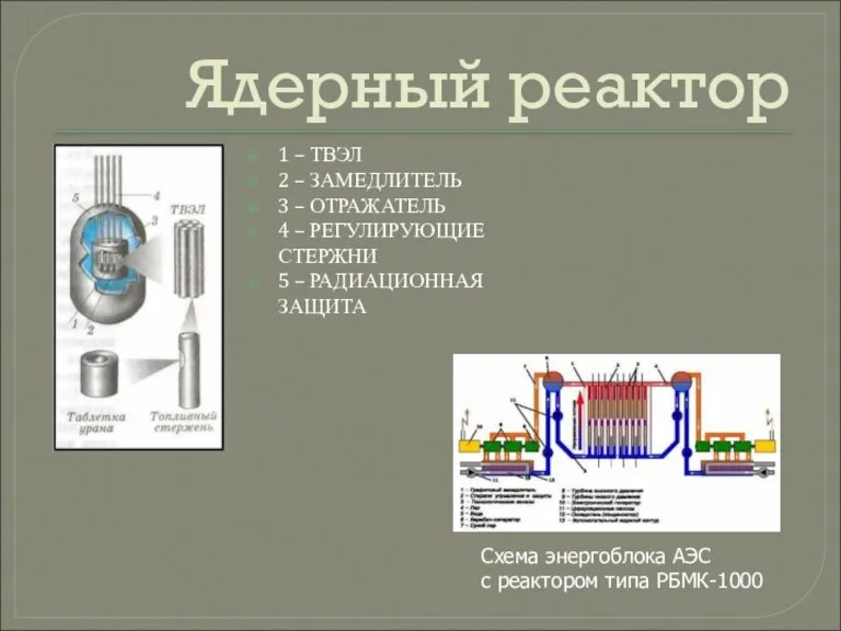 Ядерный реактор 1 – ТВЭЛ 2 – ЗАМЕДЛИТЕЛЬ 3 – ОТРАЖАТЕЛЬ 4