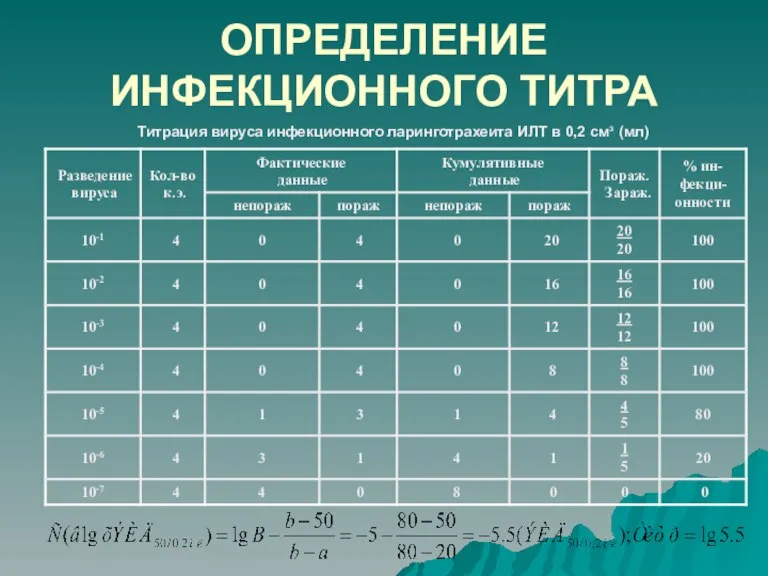 ОПРЕДЕЛЕНИЕ ИНФЕКЦИОННОГО ТИТРА Титрация вируса инфекционного ларинготрахеита ИЛТ в 0,2 смз (мл)