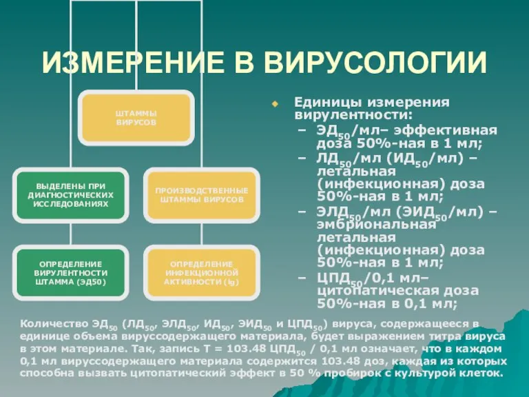 ИЗМЕРЕНИЕ В ВИРУСОЛОГИИ Единицы измерения вирулентности: ЭД50/мл– эффективная доза 50%-ная в 1