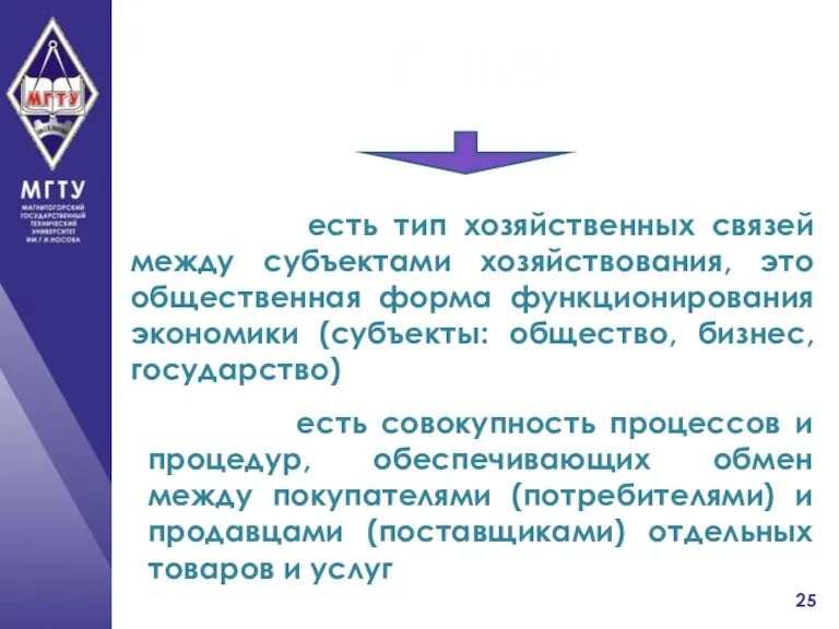 Рынок есть тип хозяйственных связей между субъектами хозяйствования, это общественная форма функционирования