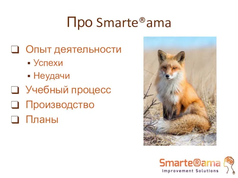 Про Smarte®ama Опыт деятельности Успехи Неудачи Учебный процесс Производство Планы