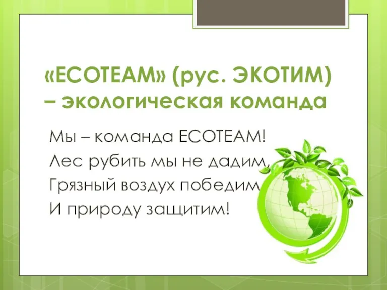 «ECOTEAM» (рус. ЭКОТИМ) – экологическая команда Мы – команда ECOTEAM! Лес рубить