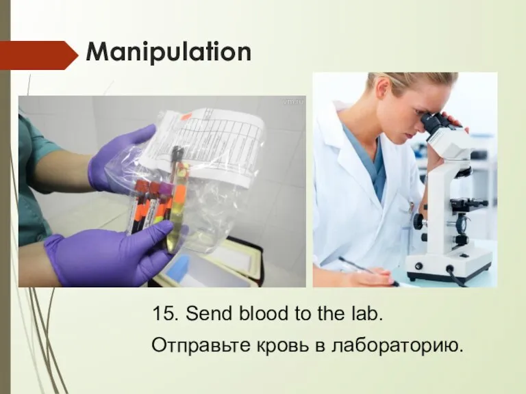 Manipulation 15. Send blood to the lab. Отправьте кровь в лабораторию.