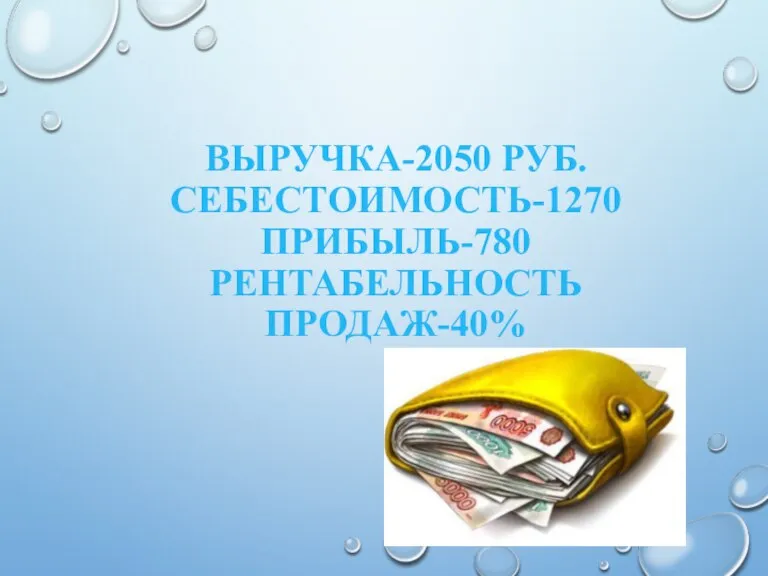 ВЫРУЧКА-2050 РУБ. СЕБЕСТОИМОСТЬ-1270 ПРИБЫЛЬ-780 РЕНТАБЕЛЬНОСТЬ ПРОДАЖ-40%