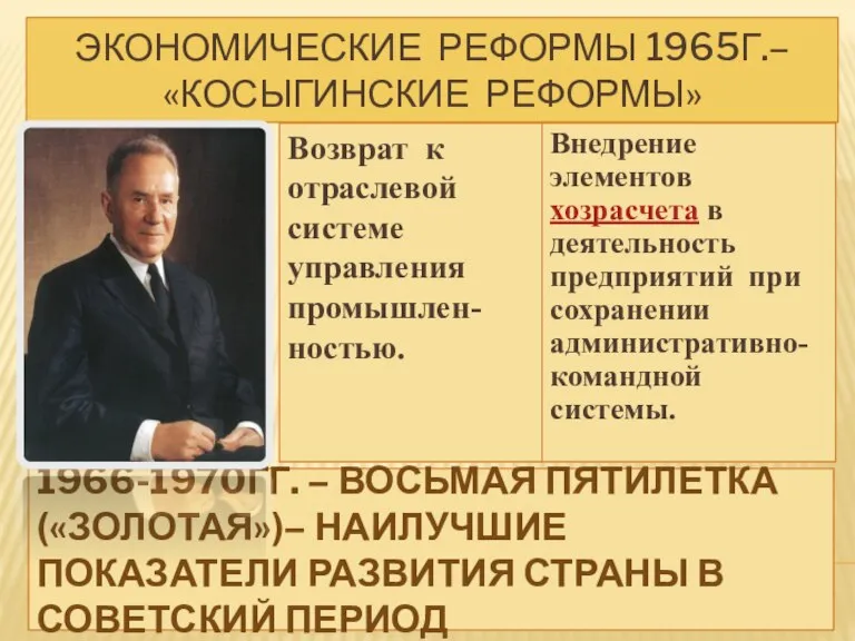 1966-1970ГГ. – ВОСЬМАЯ ПЯТИЛЕТКА («ЗОЛОТАЯ»)– НАИЛУЧШИЕ ПОКАЗАТЕЛИ РАЗВИТИЯ СТРАНЫ В СОВЕТСКИЙ ПЕРИОД