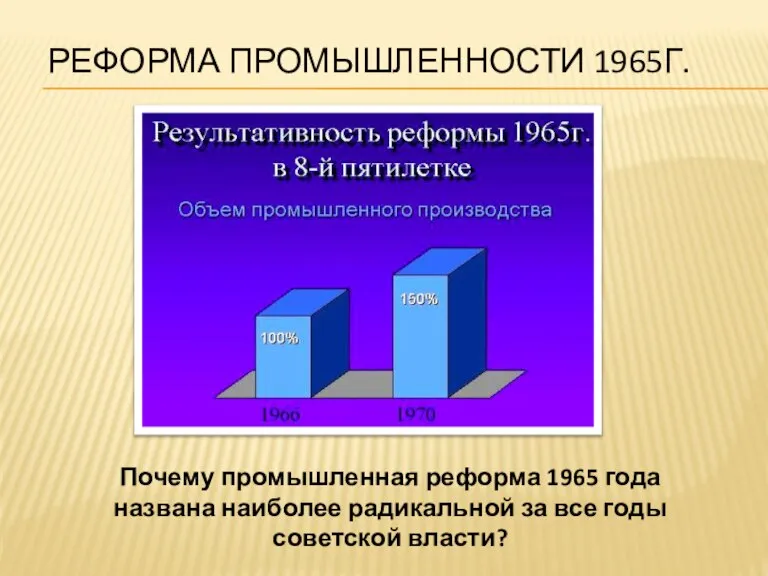 РЕФОРМА ПРОМЫШЛЕННОСТИ 1965Г. Почему промышленная реформа 1965 года названа наиболее радикальной за все годы советской власти?