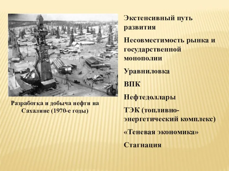 Разработка и добыча нефти на Сахалине (1970-е годы) Экстенсивный путь развития Несовместимость