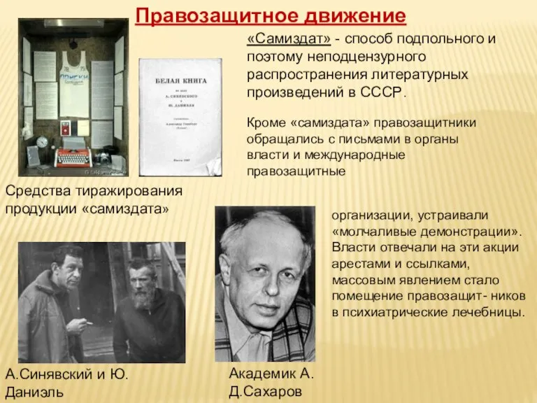 Правозащитное движение Средства тиражирования продукции «самиздата» А.Синявский и Ю.Даниэль Академик А.Д.Сахаров «Самиздат»