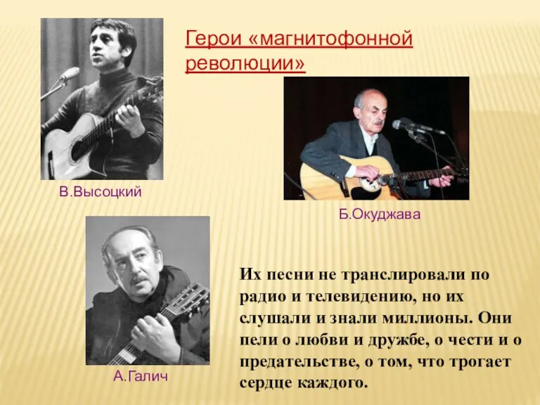 Герои «магнитофонной революции» В.Высоцкий А.Галич Б.Окуджава Их песни не транслировали по радио