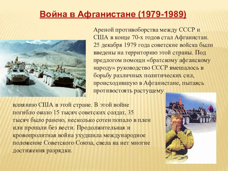 Война в Афганистане (1979-1989) Ареной противоборства между СССР и США в конце