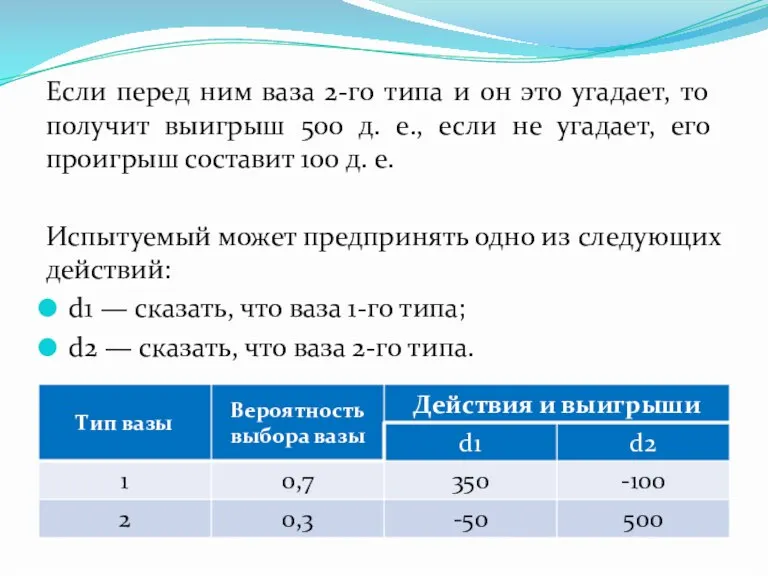 Если перед ним ваза 2-го типа и он это угадает, то получит