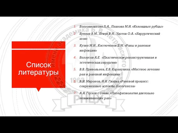 Список литературы Болховитинова Л.А., Павлова М.И. «Келоидные рубцы» Буянов В.М., Егиев В.Н.,