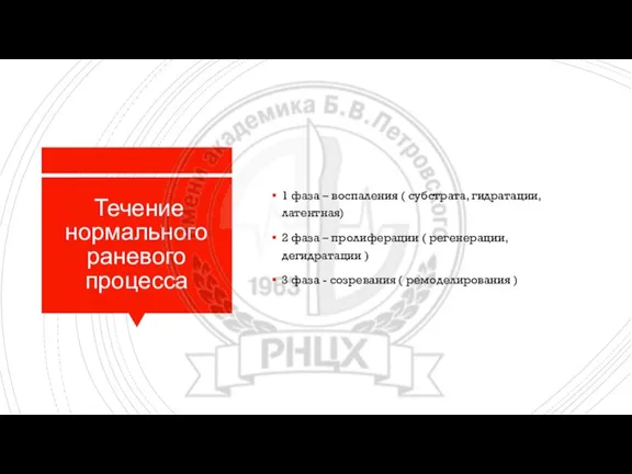 Течение нормального раневого процесса 1 фаза – воспаления ( субстрата, гидратации, латентная)