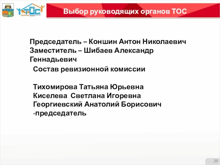 Выбор руководящих органов ТОС Председатель – Коншин Антон Николаевич Заместитель – Шибаев