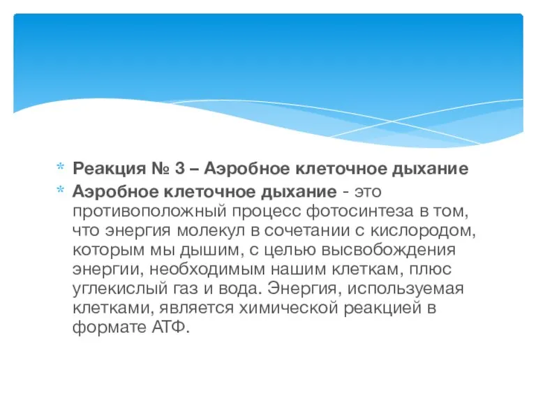 Реакция № 3 – Аэробное клеточное дыхание Аэробное клеточное дыхание - это