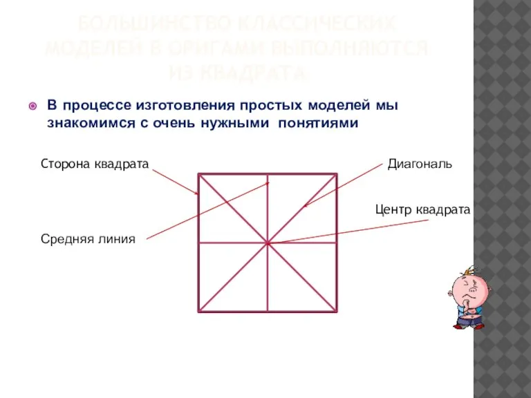 БОЛЬШИНСТВО КЛАССИЧЕСКИХ МОДЕЛЕЙ В ОРИГАМИ ВЫПОЛНЯЮТСЯ ИЗ КВАДРАТА В процессе изготовления простых