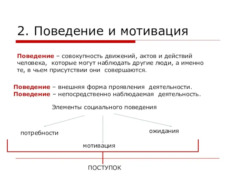 2. Поведение и мотивация Поведение – совокупность движений, актов и действий человека,