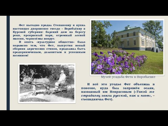 Фет выгодно продал Степановку и купил настоящее дворянское гнездо – Воробьёвку в