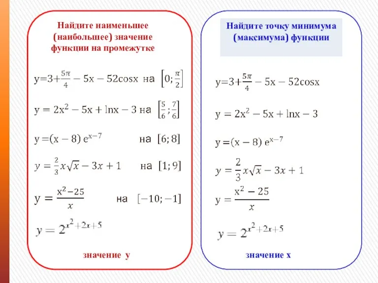 Найдите наименьшее (наибольшее) значение функции на промежутке Найдите точку минимума (максимума) функции значение у значение х