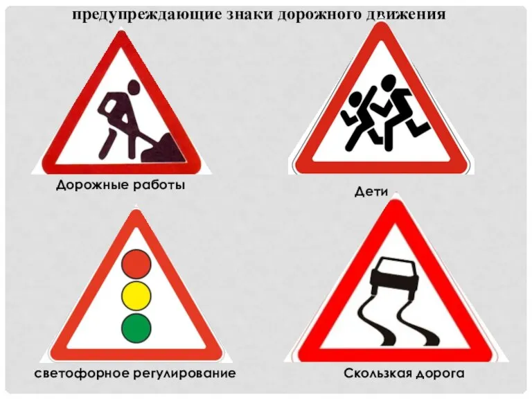 предупреждающие знаки дорожного движения Дорожные работы Дети светофорное регулирование Скользкая дорога