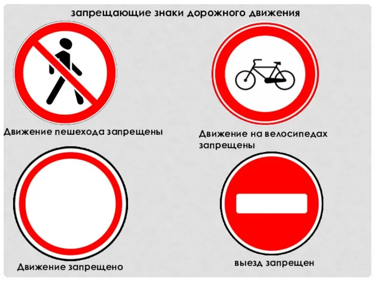 запрещающие знаки дорожного движения Движение пешехода запрещены Движение на велосипедах запрещены Движение запрещено выезд запрещен
