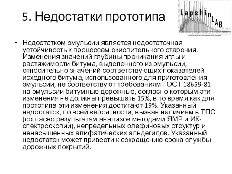 5. Недостатки прототипа Недостатком эмульсии является недостаточная устойчивость к процессам окислительного старения.