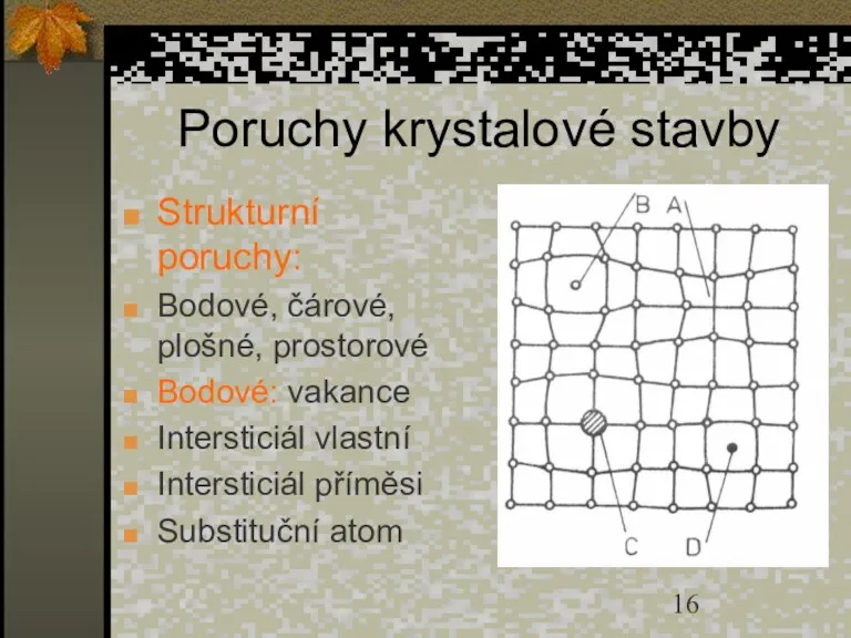 Poruchy krystalové stavby Strukturní poruchy: Bodové, čárové, plošné, prostorové Bodové: vakance Intersticiál