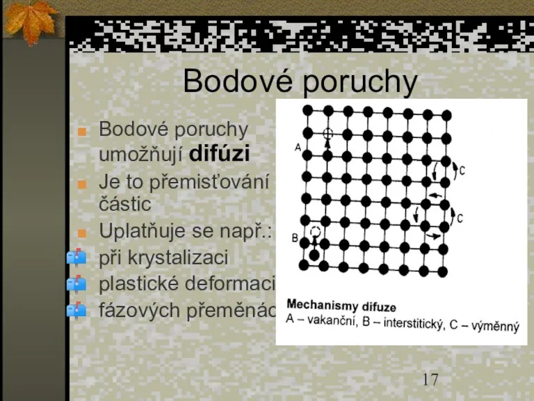 Bodové poruchy Bodové poruchy umožňují difúzi Je to přemisťování částic Uplatňuje se