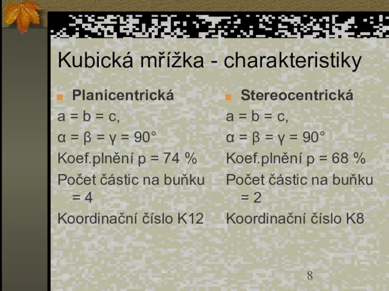 Kubická mřížka - charakteristiky Planicentrická a = b = c, α =