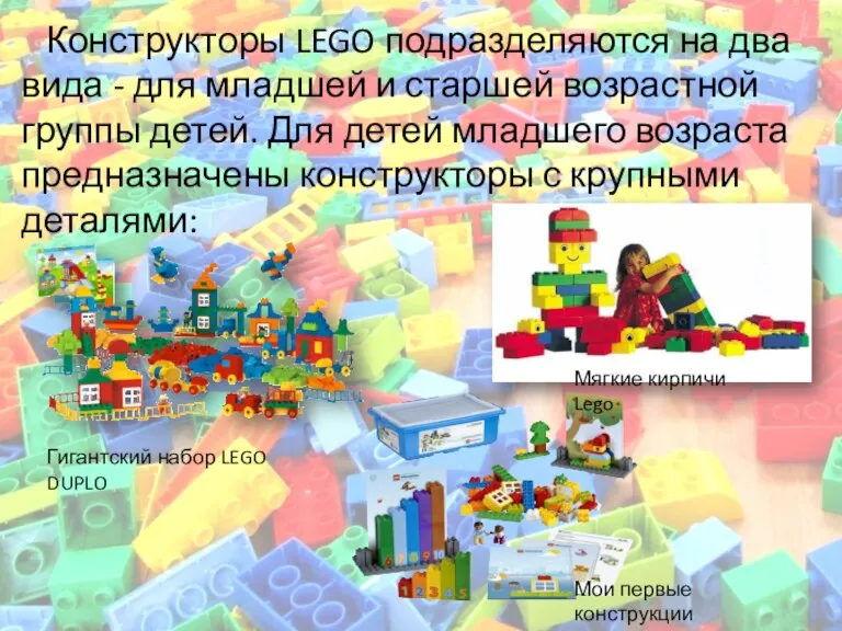 Конструкторы LEGO подразделяются на два вида - для младшей и старшей возрастной