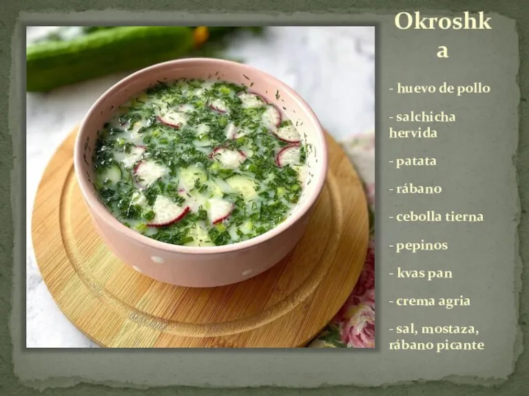 Okroshka - huevo de pollo - salchicha hervida - patata - rábano