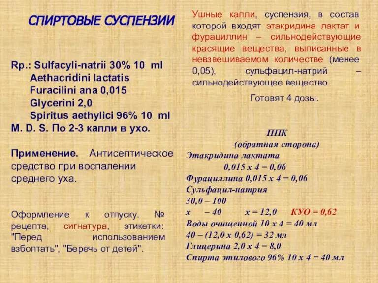 Rp.: Sulfacyli-natrii 30% 10 ml Aethacridini lactatis Furacilini ana 0,015 Glycerini 2,0