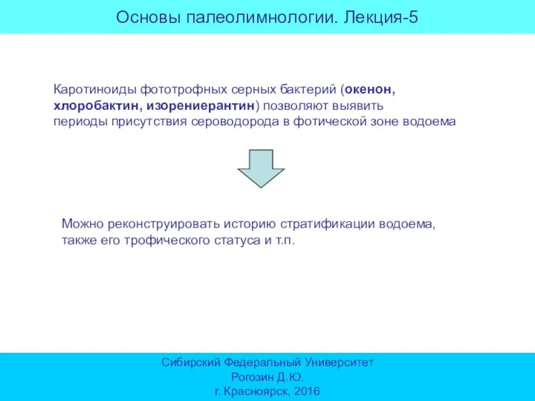 Основы палеолимнологии. Лекция-5 Сибирский Федеральный Университет Рогозин Д.Ю. г. Красноярск, 2016 Каротиноиды