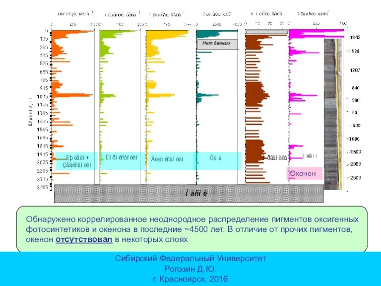 Обнаружено коррелированное неоднородное распределение пигментов оксигенных фотосинтетиков и окенона в последние ~4500