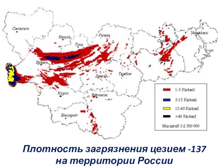 Плотность загрязнения цезием -137 на территории России