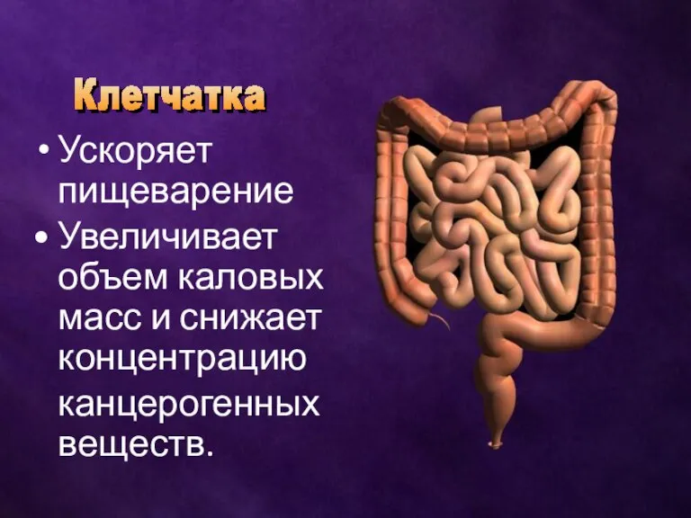 Ускоряет пищеварение Увеличивает объем каловых масс и снижает концентрацию канцерогенных веществ.