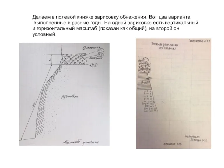 Делаем в полевой книжке зарисовку обнажения. Вот два варианта, выполненные в разные