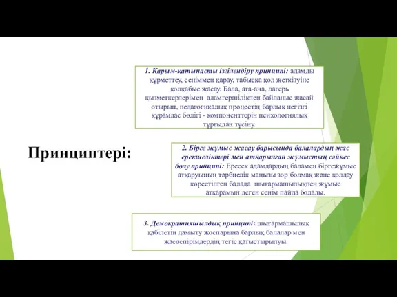 Принциптері: 1. Қарым-қатынасты ізгілендіру принципі: адамды құрметтеу, сеніммен қарау, табысқа қол жеткізуіне