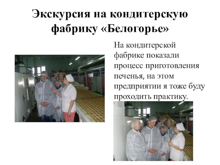 Экскурсия на кондитерскую фабрику «Белогорье» На кондитерской фабрике показали процесс приготовления печенья,