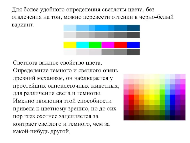 Для более удобного определения светлоты цвета, без отвлечения на тон, можно перевести