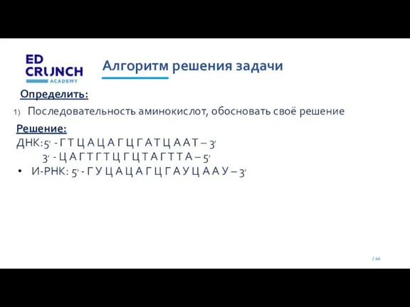 Алгоритм решения задачи Определить: Последовательность аминокислот, обосновать своё решение Решение: ДНК:5, -