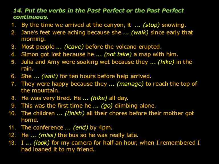 14. Put the verbs in the Past Perfect or the Past Perfect