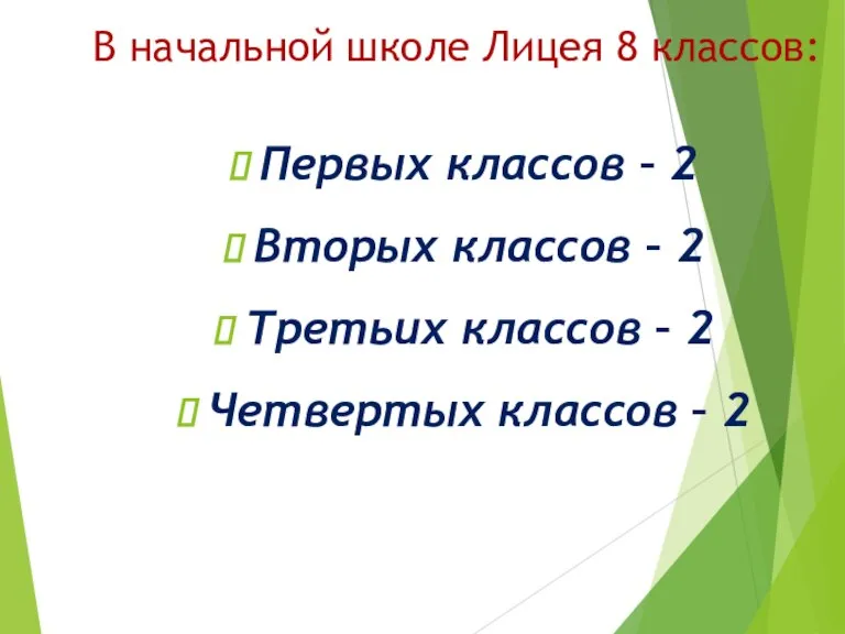 В начальной школе Лицея 8 классов: Первых классов – 2 Вторых классов