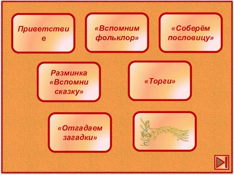 Приветствие Разминка «Вспомни сказку» «Отгадаем загадки» «Вспомним фольклор» «Соберём пословицу» «Торги»