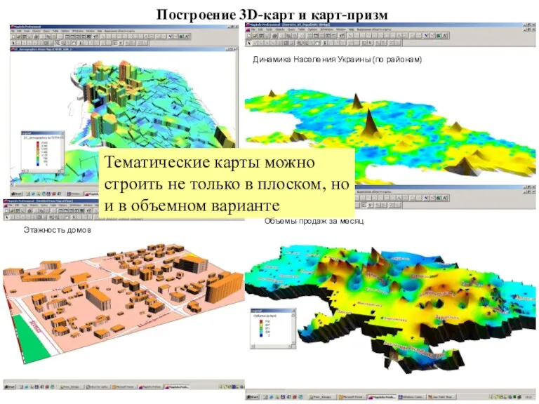 Построение 3D-карт и карт-призм Этажность домов Объемы продаж за месяц Динамика Населения