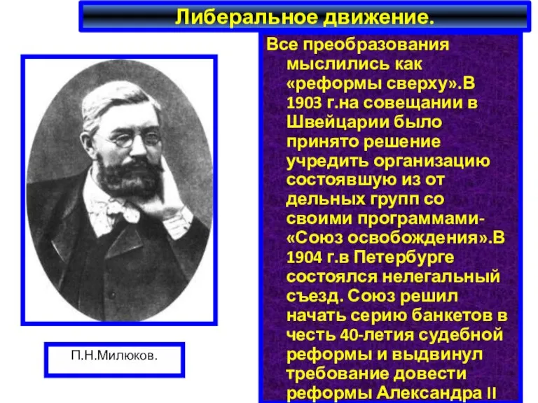 Либеральное движение. Все преобразования мыслились как «реформы сверху».В 1903 г.на совещании в